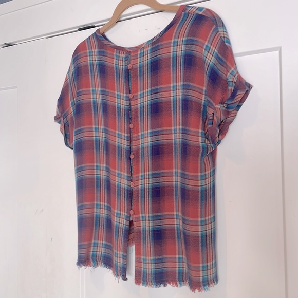 Anthropologie Cloth & Stone “Mallory” Button Back Flannel Plaid Short Sleeve Top - Picture 8 of 11